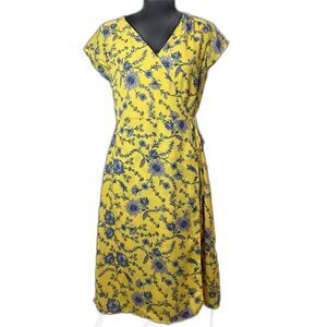 Banana Republic Factory Wrap Dress Yellow Floral Midi Womens Size 8 Petite NWT